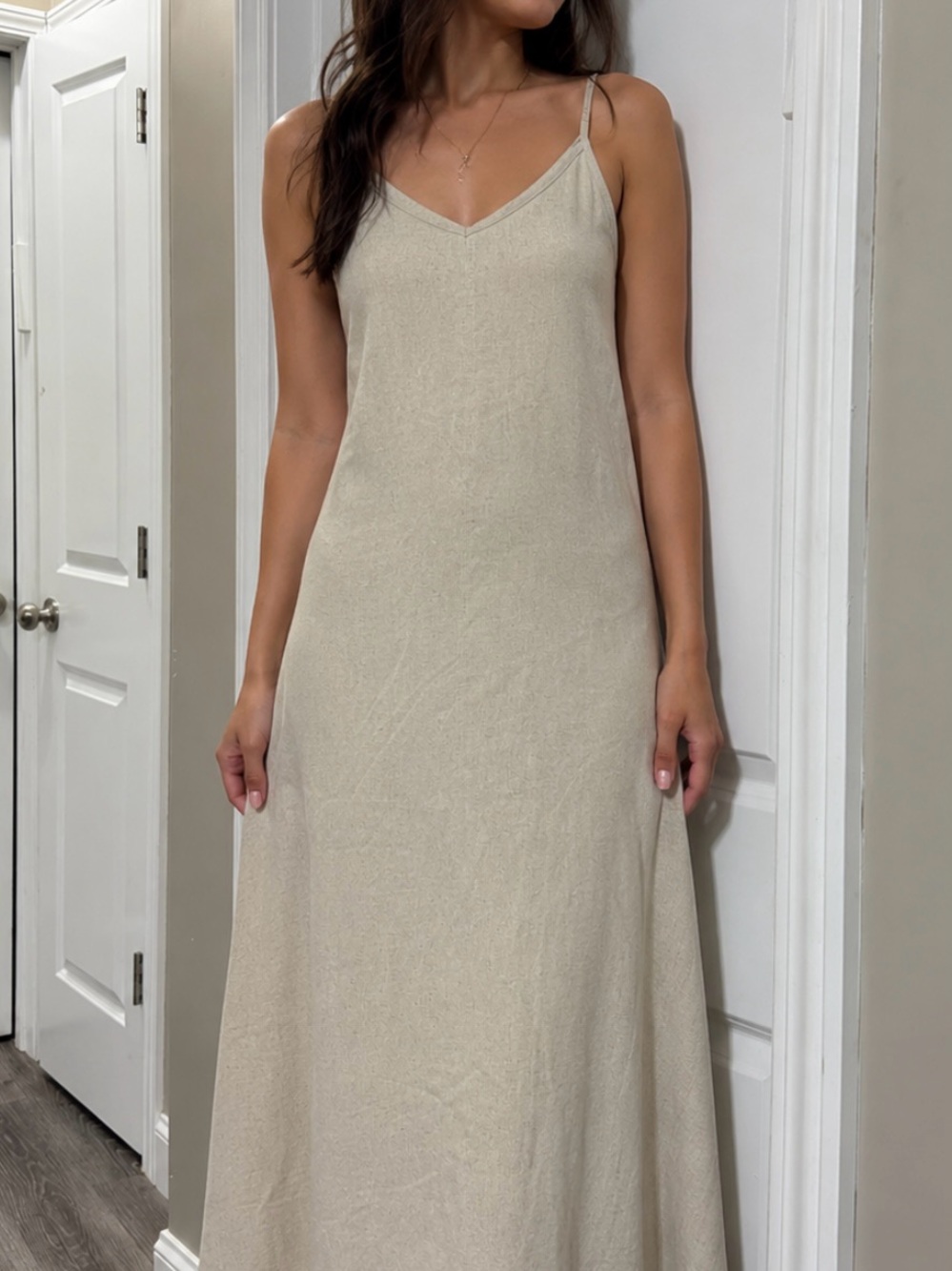 Beige Maxi Slip Dress with Adjustable Spaghetti Straps